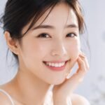 Woman with glowing natural skin applying skincare at home