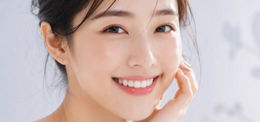 Woman with glowing natural skin applying skincare at home