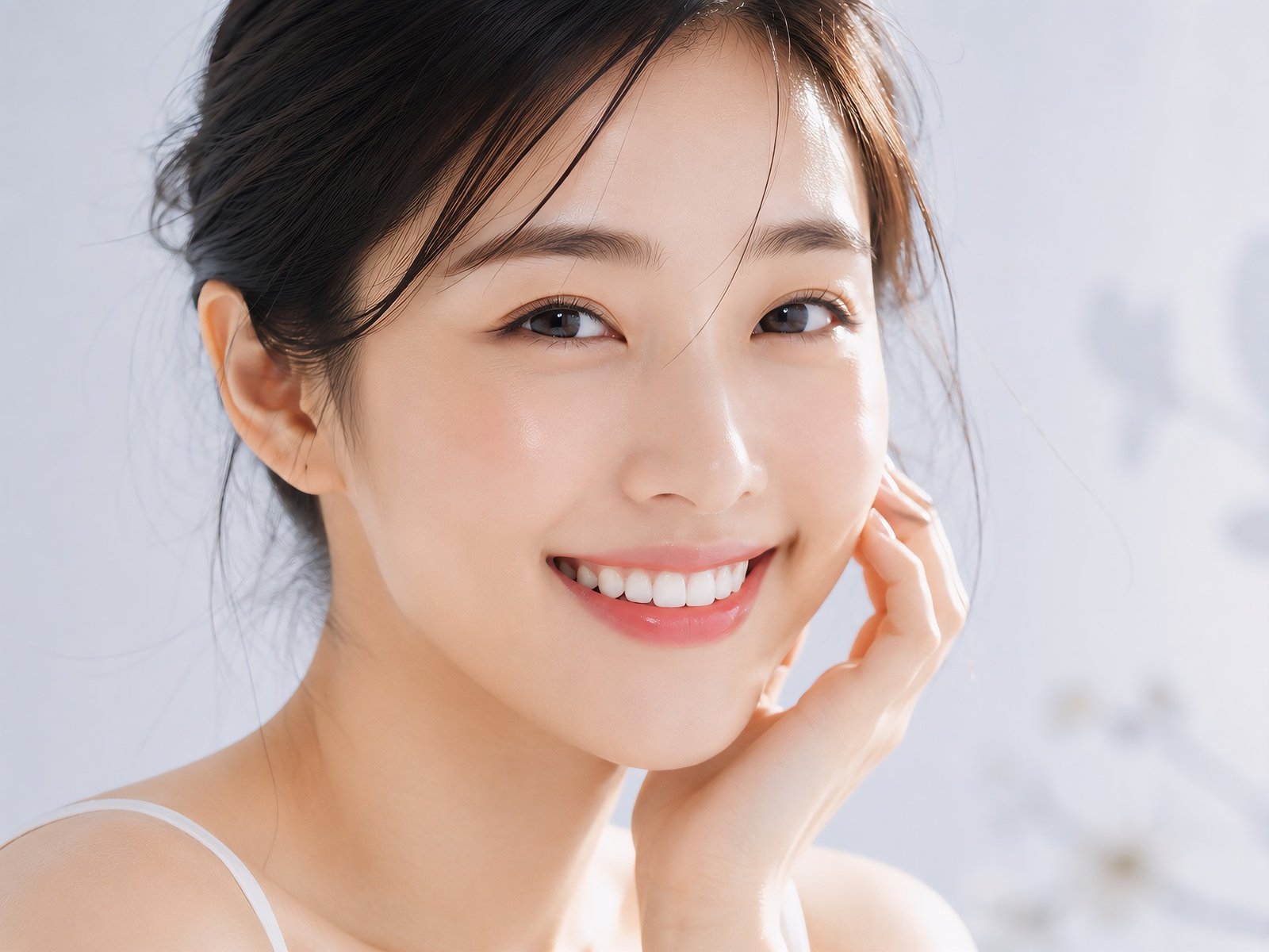 Woman with glowing natural skin applying skincare at home
